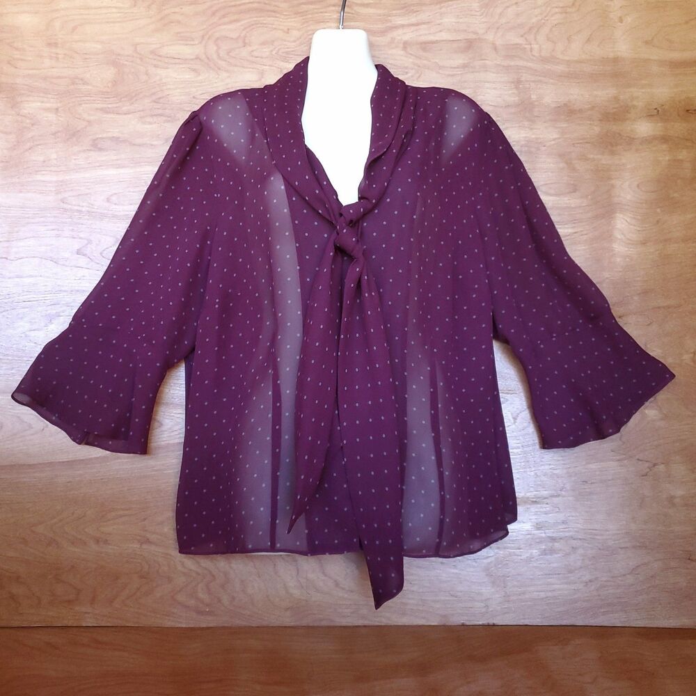 Sheer Polka Dot Tie Neck Blouse Sz 18 Burgundy Wine 3/4 Bell Sleeve Button Up